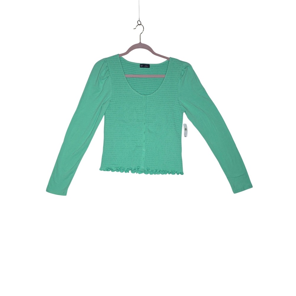 GAP NWT Women Green Smocked Long Sleeve Button Front Top Sweetheart Neck  S